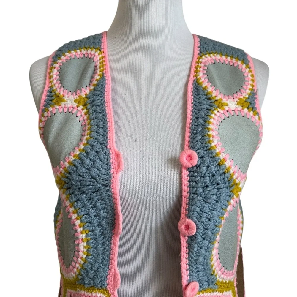 Vtg Fully Fashioned Youth Crochet Leather Suede Patchwork Vest Sz Med Multicolor
